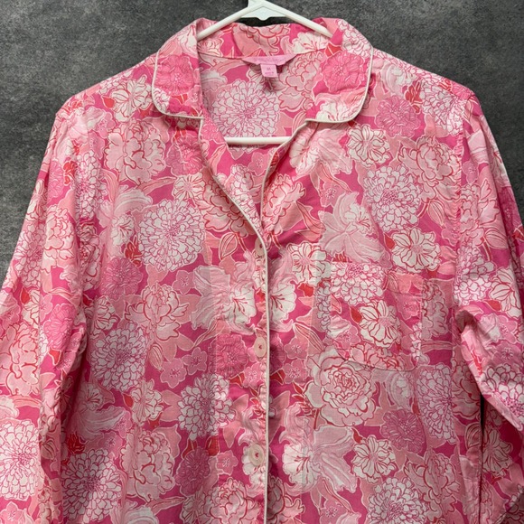 Lilly Pulitzer Pajama Top Womens M Pink Tropical Floral Print Button Up - Picture 2 of 13